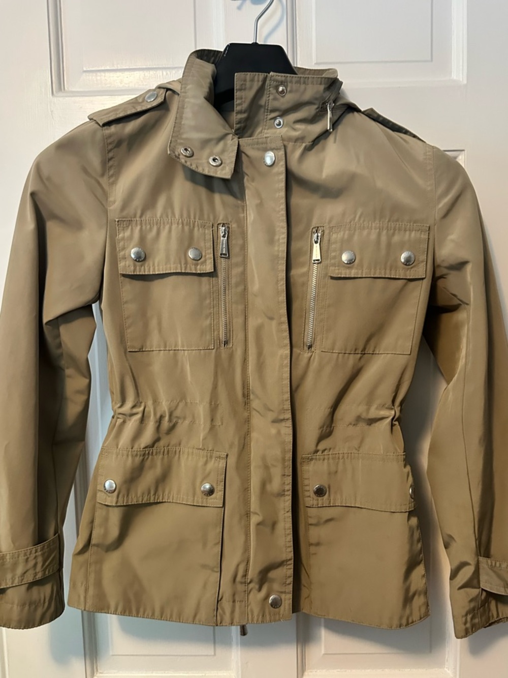 Michael Kors Petite Hooded Khaki Tan Utility Jacket with Snap Pockets - XSP